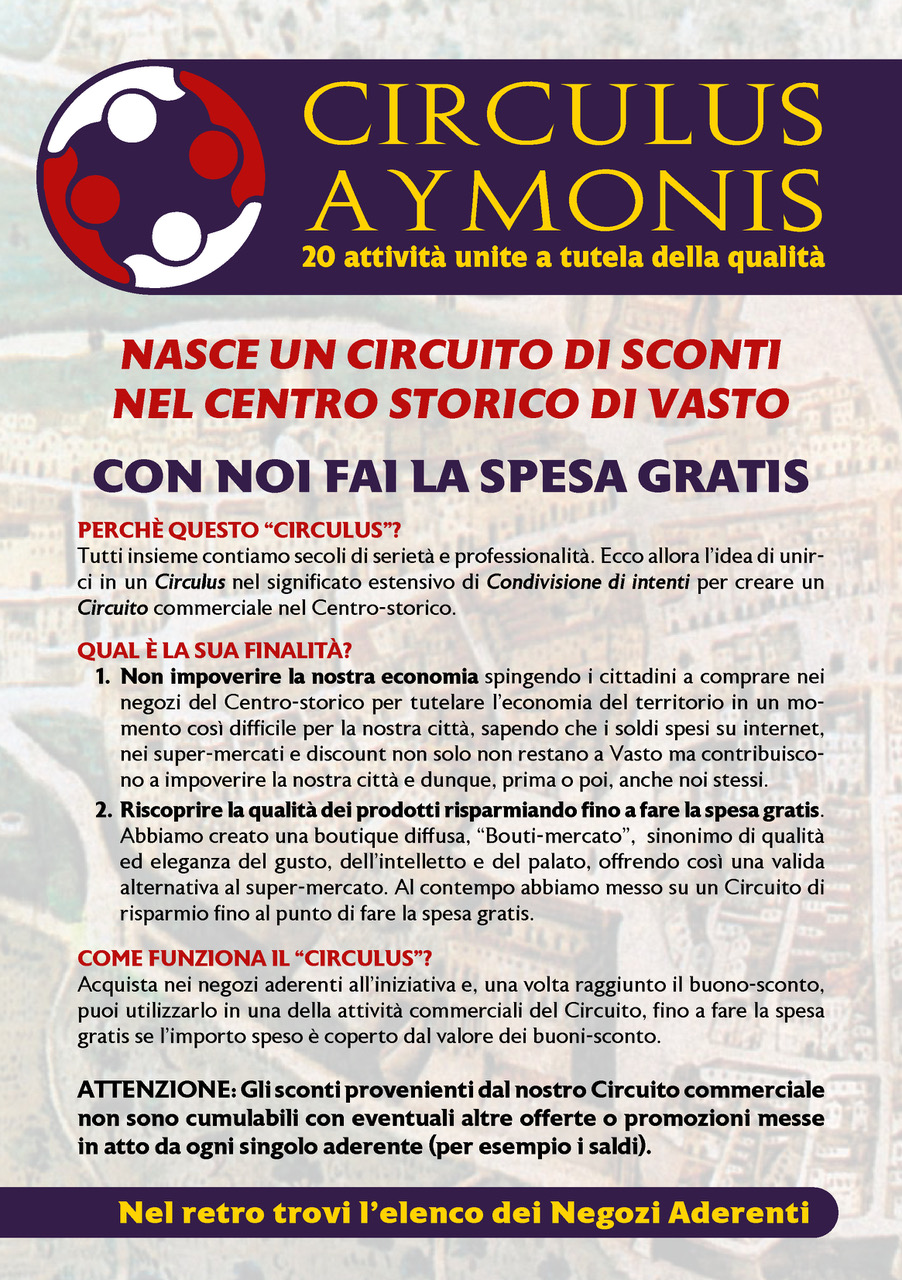 Nasce a Vasto il Circulus Aymonis, 20 attività unite per un circuito di sconti fino a fare la spesa gratis - Gallery 2 volantino Circulus fronte
