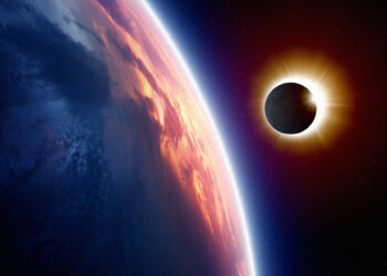 Abstract scientific background - planet Earth in space, full sun eclipse. Elements of this image furnished by NASA nasa.gov