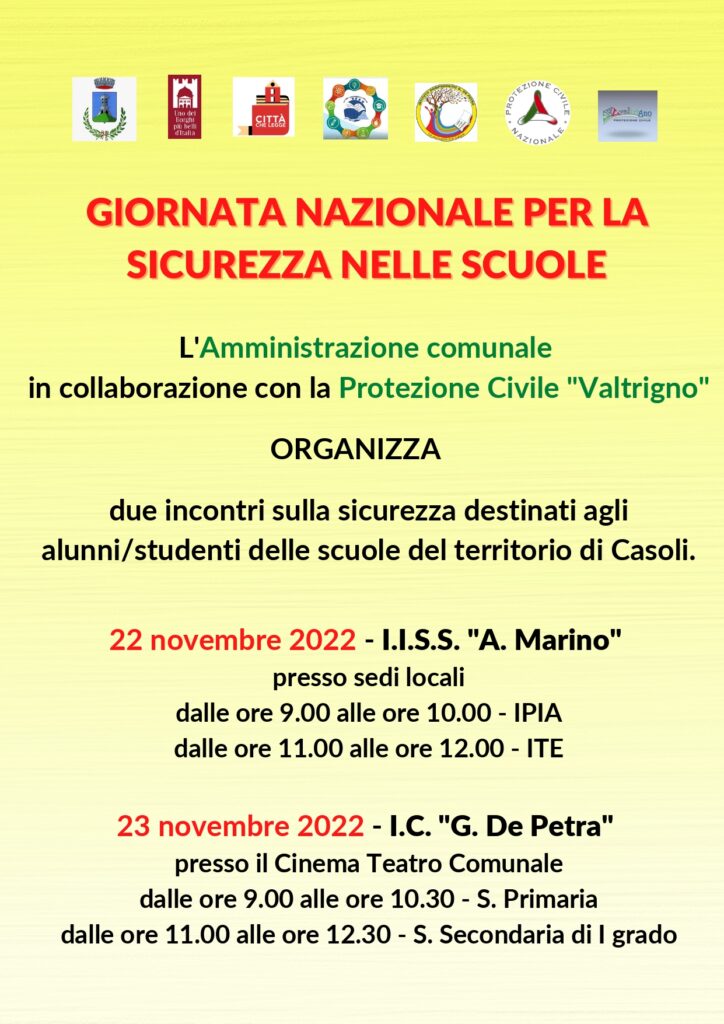 Giornata nazionale per la sicurezza nelle scuole, a Casoli due incontri con la Protezione Civile "Valtrigno" 2 GIORNATA NAZIONALE PER LA SICUREZZA NELLE SCUOLE LOCANDINA page 0001