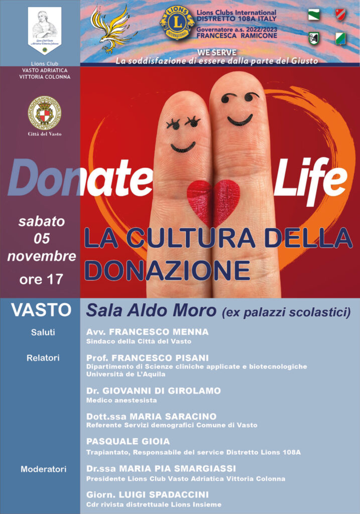 Vasto, incontro oggi pomeriggio sulla cultura della donazione d'organi 2 locandina lions