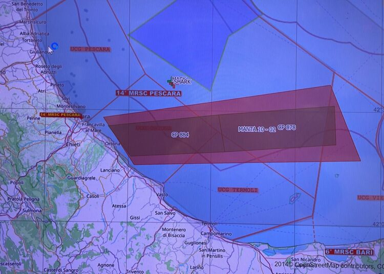 L'area marittima interessata dalle ricerche del presunto disperso