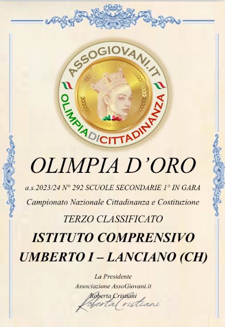 L'Istituto Comprensivo "Umberto I" di Lanciano conquista il terzo posto alle Olimpiadi di Cittadinanza 3 Olimpia doro 1