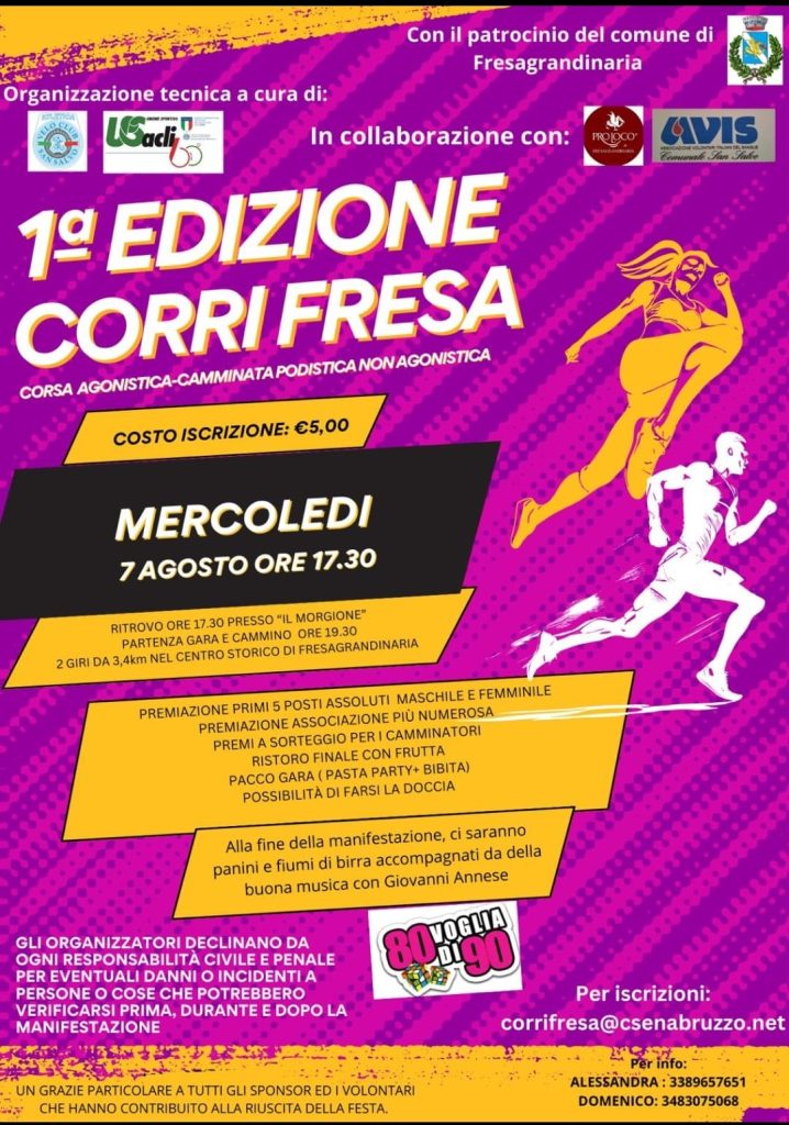 "Corri Fresa", la prima edizione della gara podistica a Fresagrandinaria 2 Corri Fresa 07082024 locandina