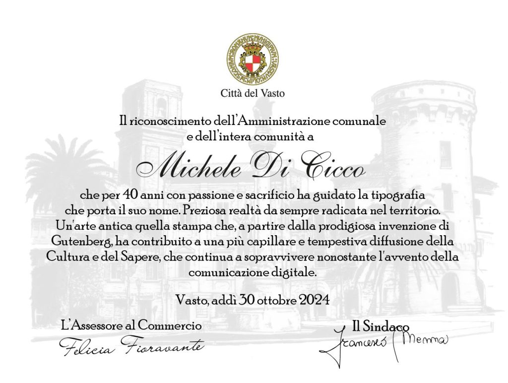 Vasto premia Michele Di Cicco per i 40 anni di attività tipografica 3 di cicco 1
