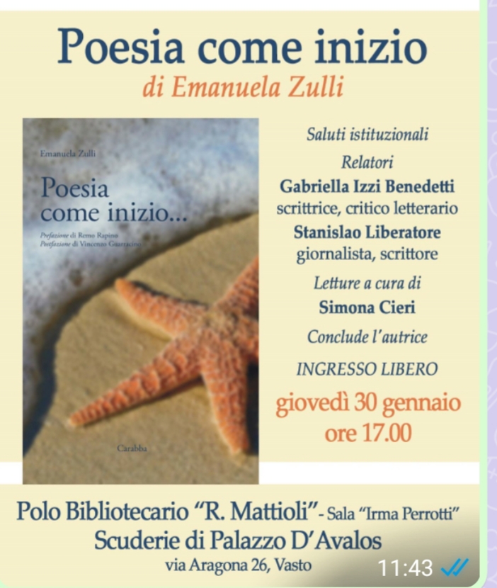 La poesia protagonista a Vasto: Emanuela Zulli presenta il suo libro Poesia come inizio 2 WhatsApp Image 2025 01 26 at 7.50.48 AM