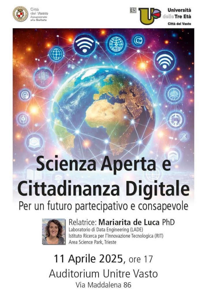 A Vasto il seminario "Scienza Aperta e Cittadinanza Digitale" organizzato da Unitre 2 Locandina Scienza Aperta e Cittadinanza Digitale