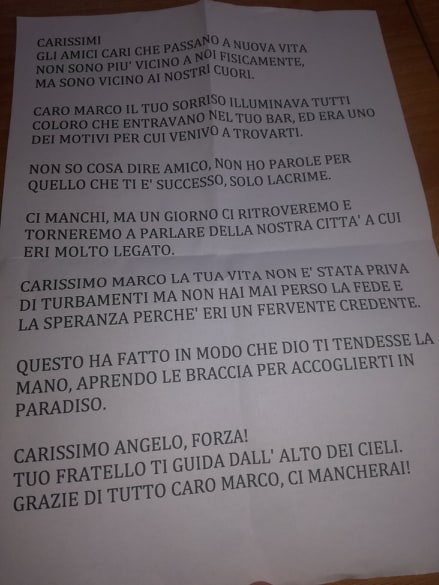 Il messaggio di saluto degli amici del bar